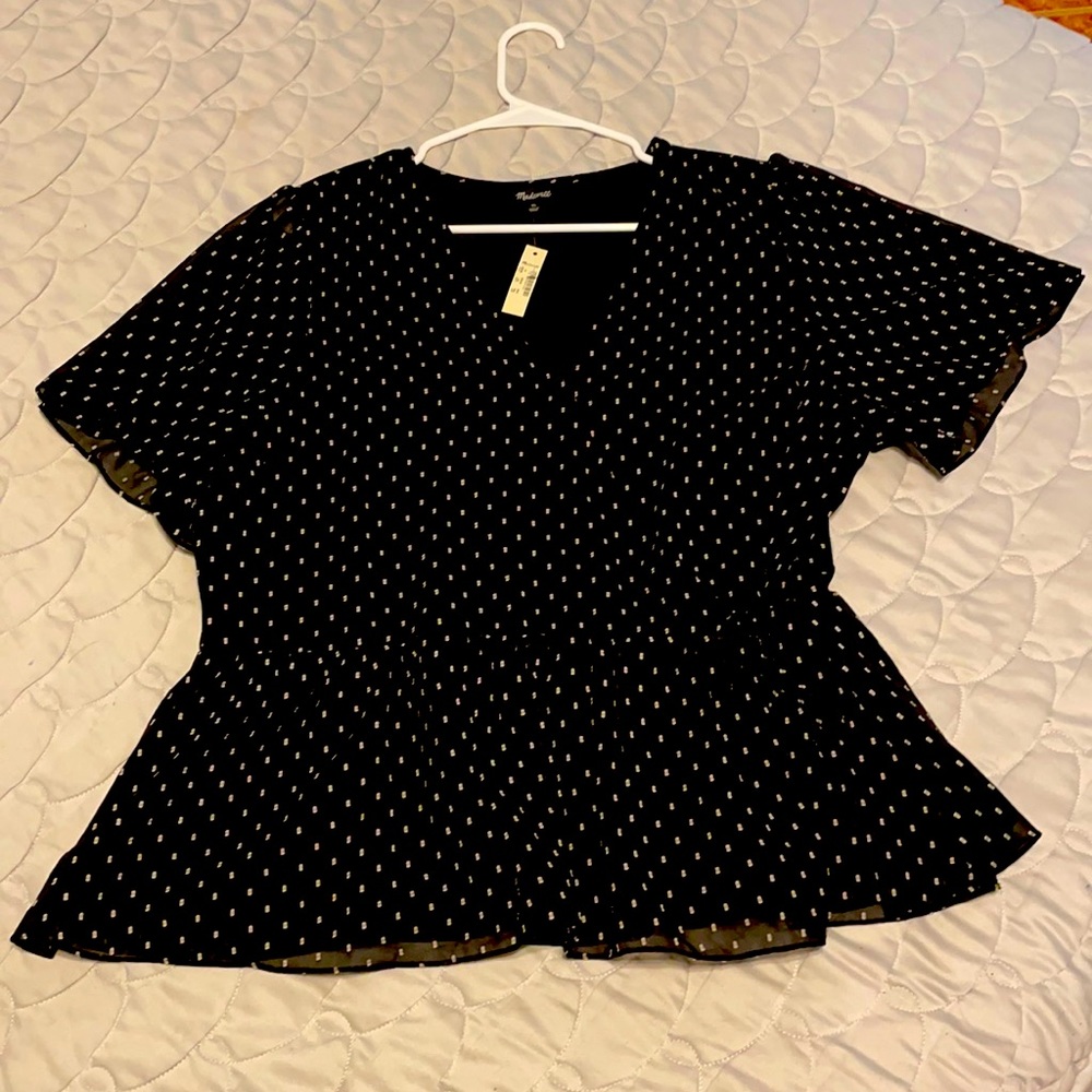 Madewell XL Black and Cream Peplum Top w/ Side Tie